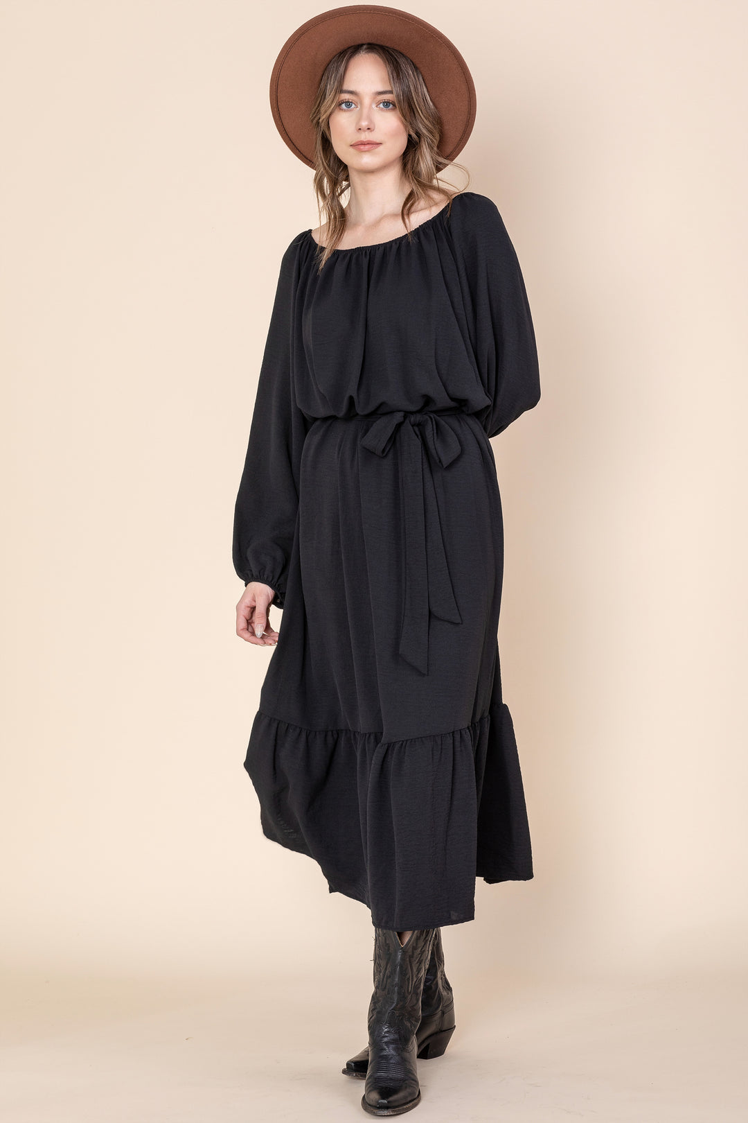 Maxi Peasant Solid Ruffle Dress with Waist Tie M / Camel