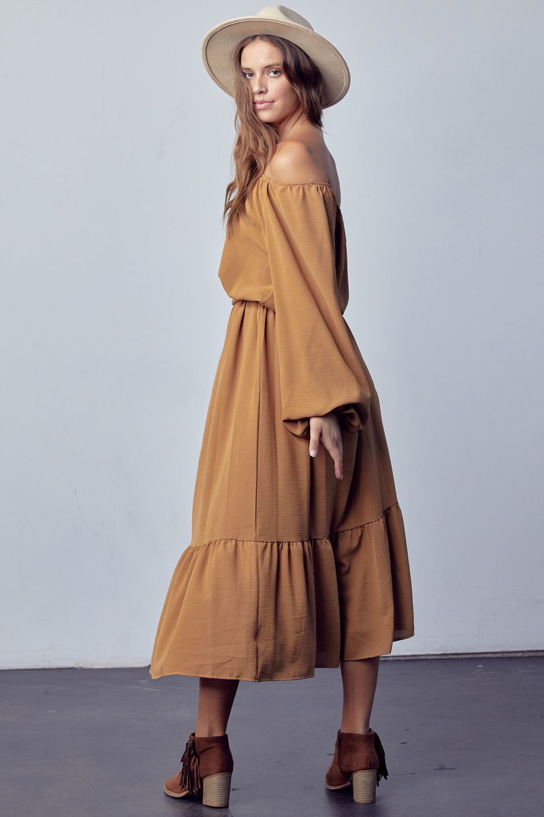 peasent ruffle maxi dress Maxi Peasant Solid Ruffle Dress With Waist Tie S / CAMEL